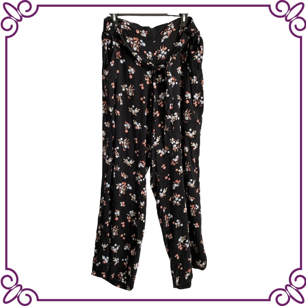 New Look Black Floral Elastic Waist Lounge Pants Pockets 3X